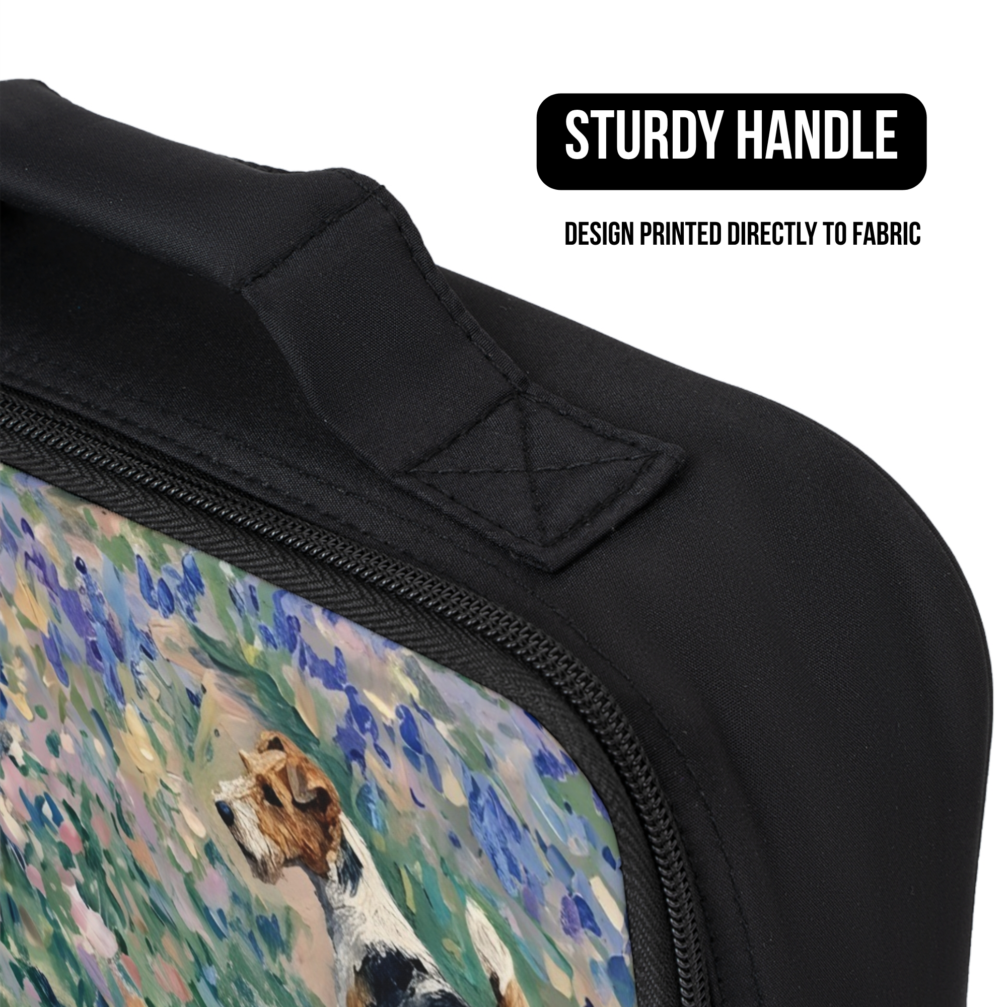 Black bag with a dog design printed directly to fabric, featuring a sturdy handle.