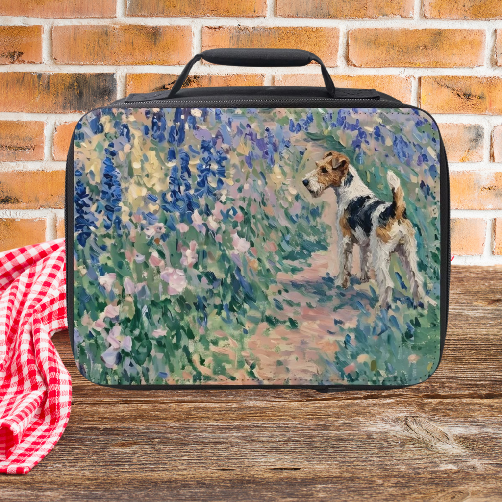  insulated lunch bag with a dog and floral design on a wooden picnic table with a brick wall background