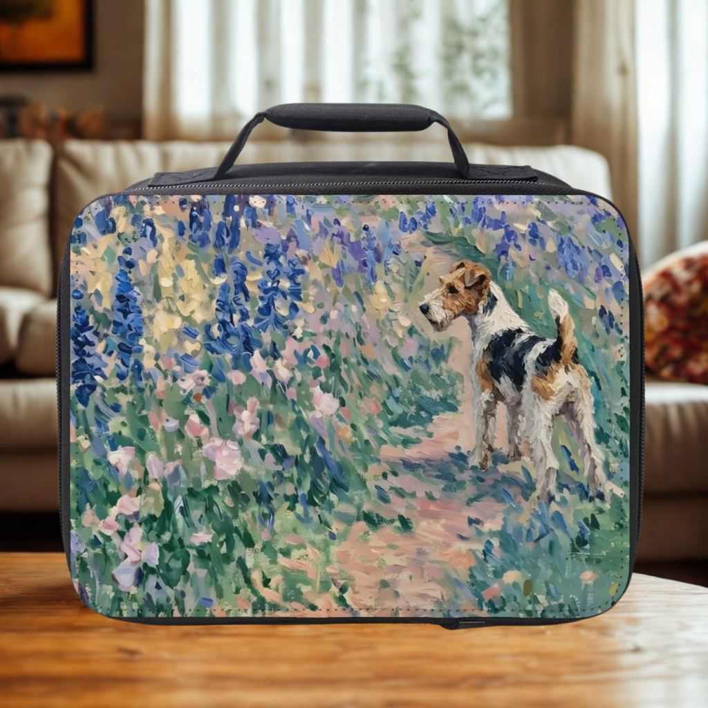 Rectangular lunch bag with a fox terrier dog and floral design on a wooden living room table.