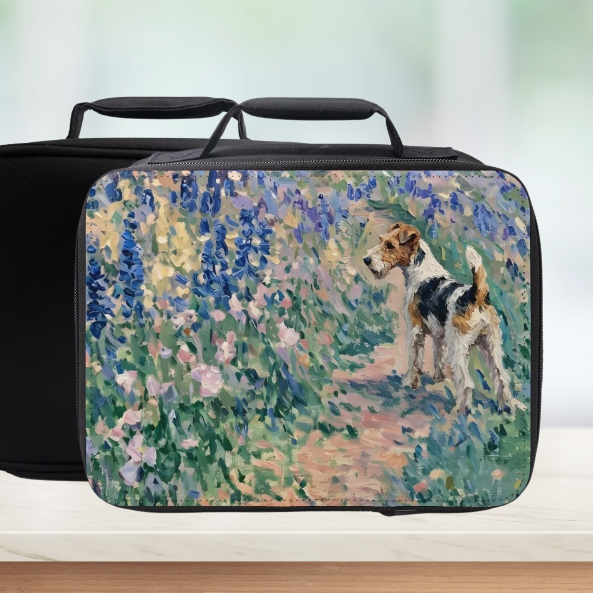 Insulated lunch bag with a fox terrier dog and floral design on a white background