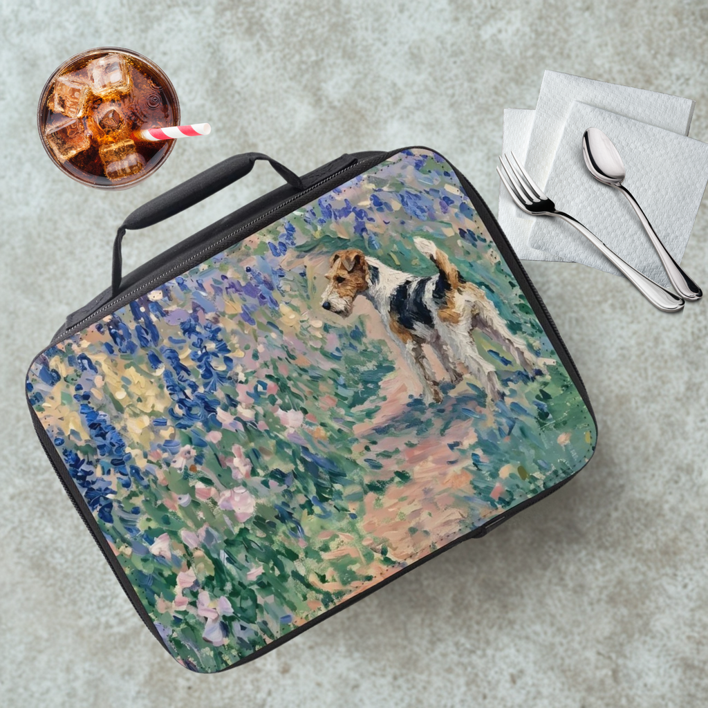 Lunch bag with dog and floral design on a table with a drink and utensils.
