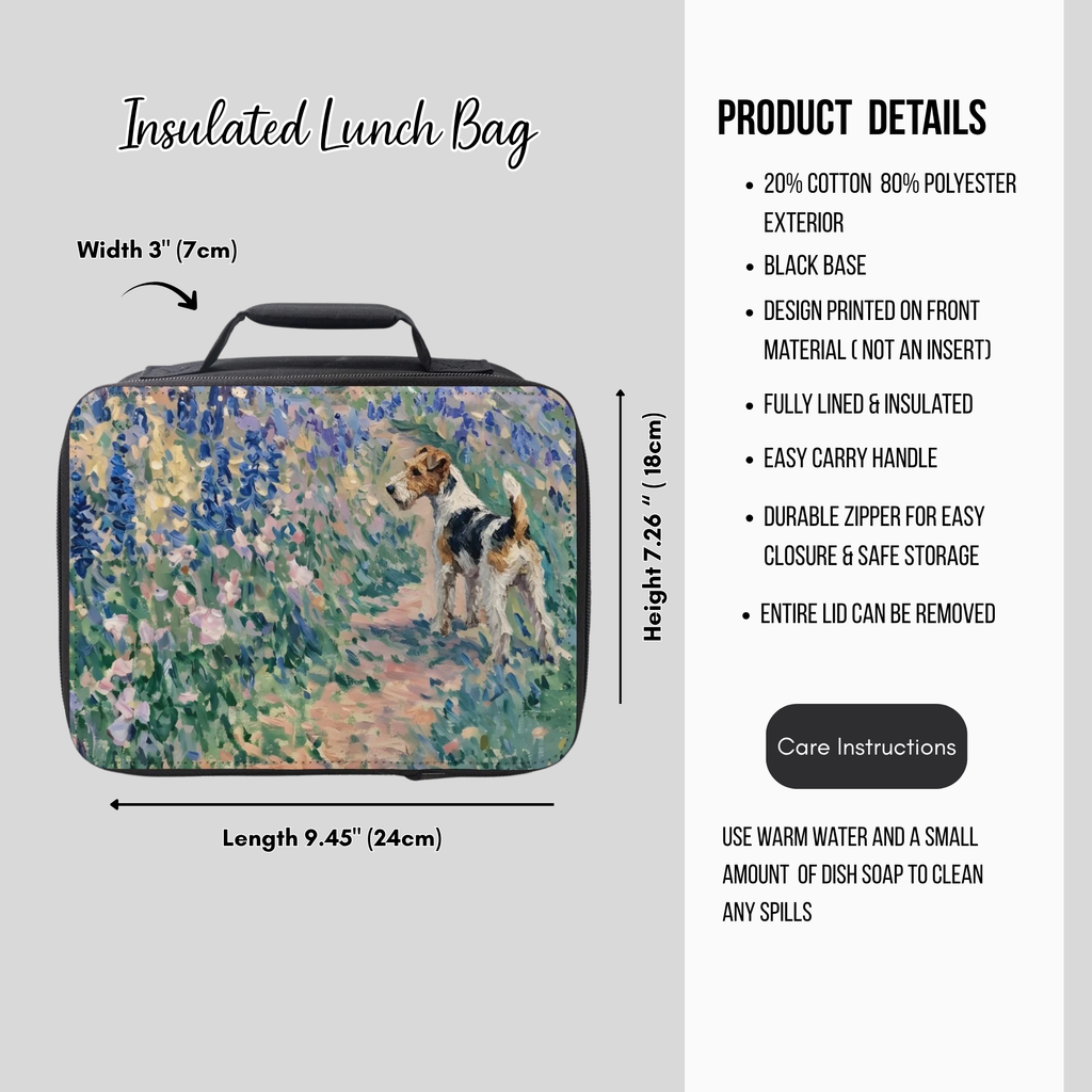 Insulated lunch bag with a dog and flower design, featuring product details on a gray background.
