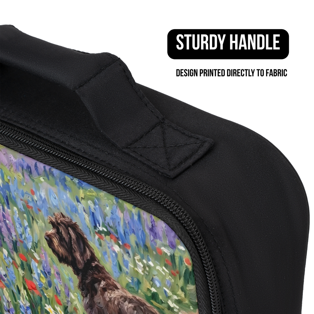 Black bag with a dog and floral design on fabric, featuring a sturdy handle.