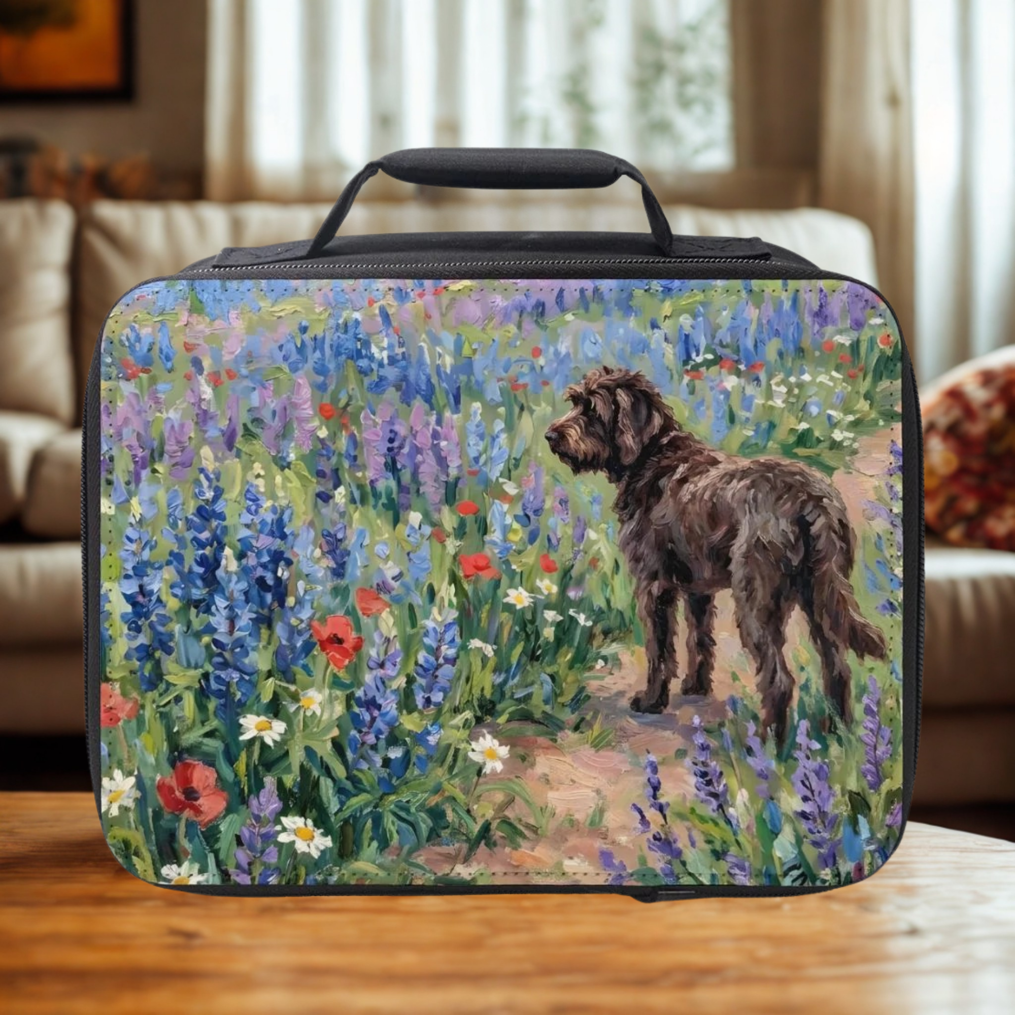 Lunch bag with a dog and floral design on a wooden table in a cozy living room.