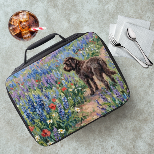 Lunch bag with a painting of a dog in a field of flowers on a table with a drink and utensils.