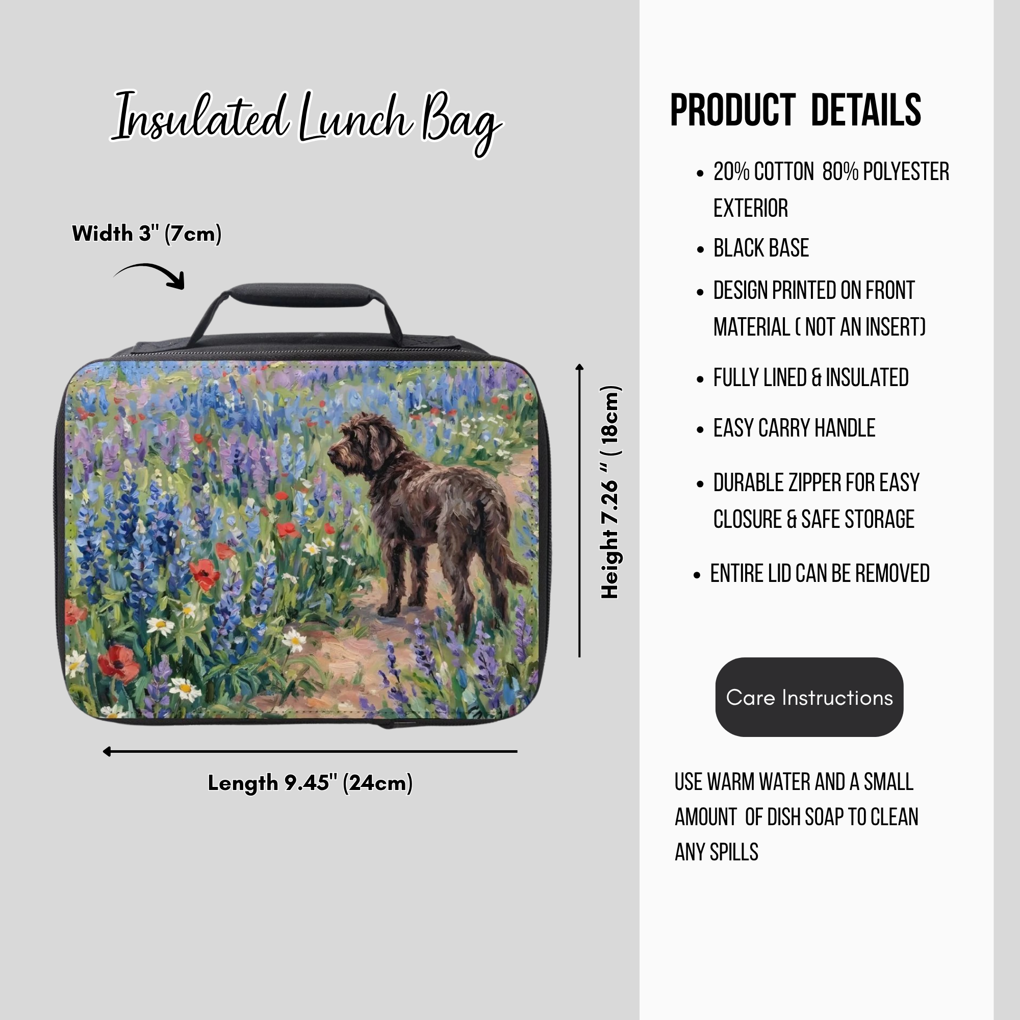 Insulated lunch bag with dog and floral design, featuring product details on a gray background.