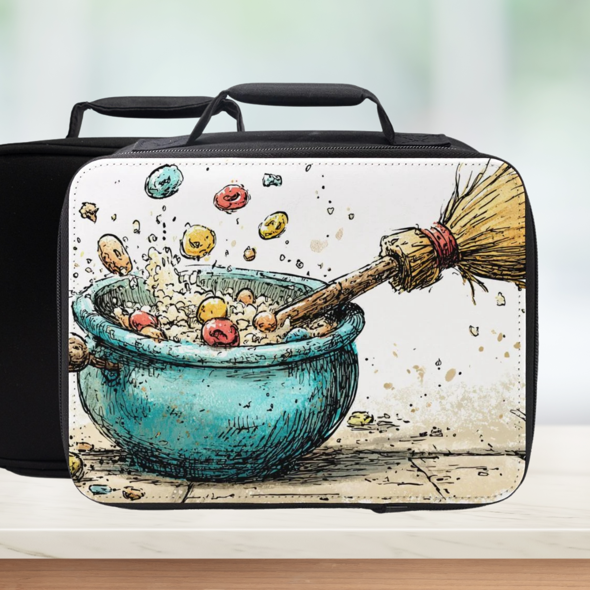 Black lunch bag with a colorful design of a cauldron and broomstick on a white background