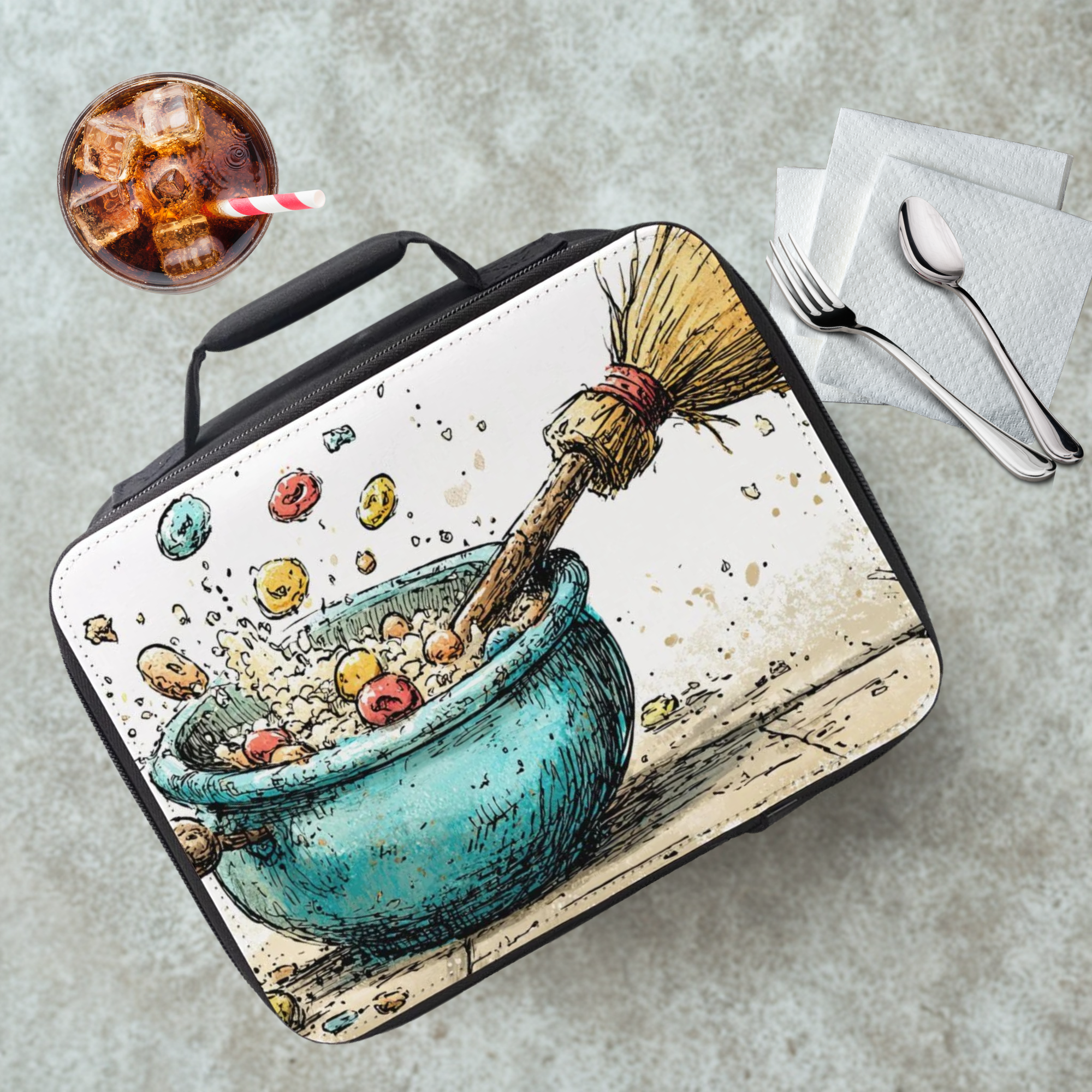 Lunch bag with a witch's cauldron filled with cereal design featuring a broom, on a cafeteria table with a drink and utensils.