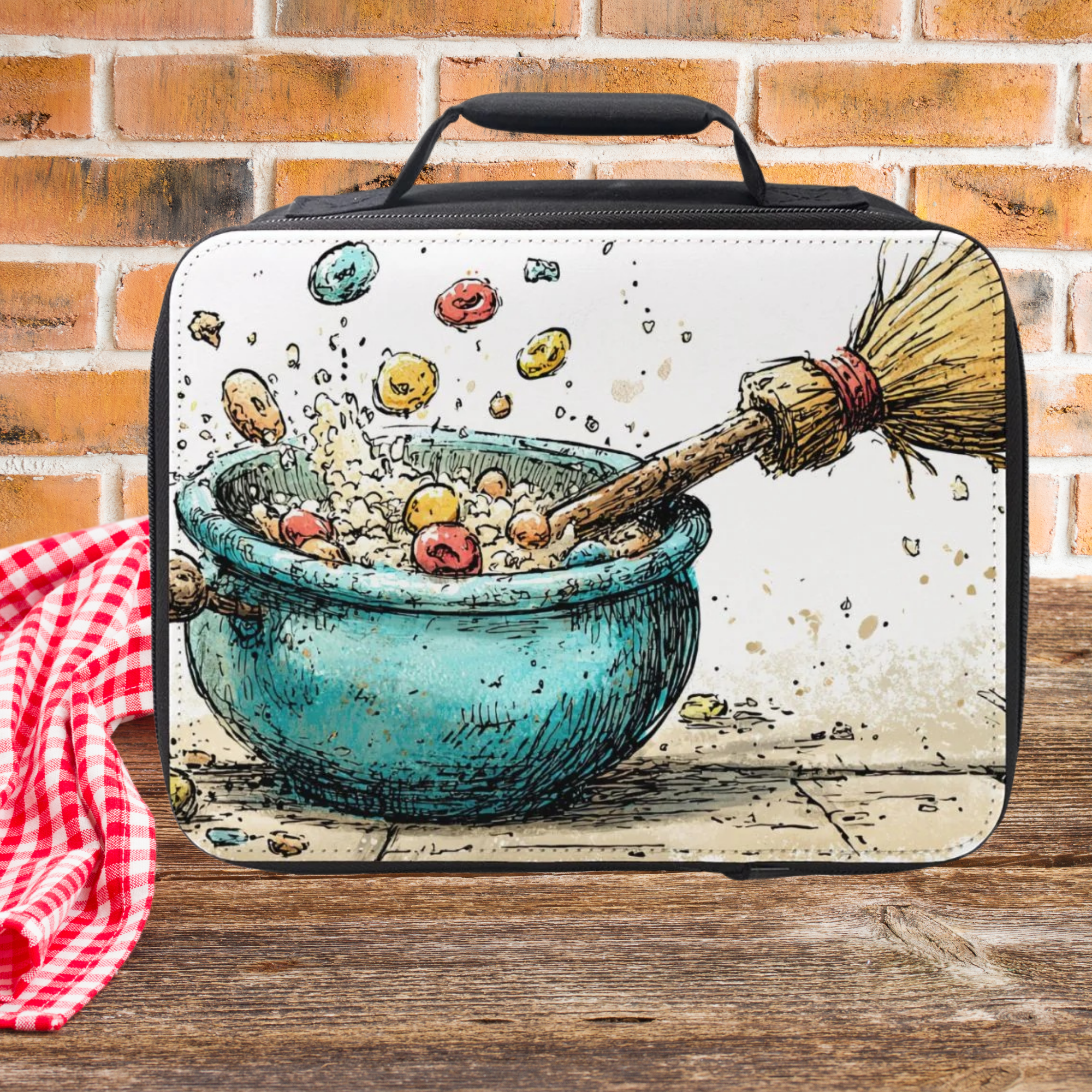  insulated lunch bag with a witch's cauldron design on a wooden picnic table against a brick wall background