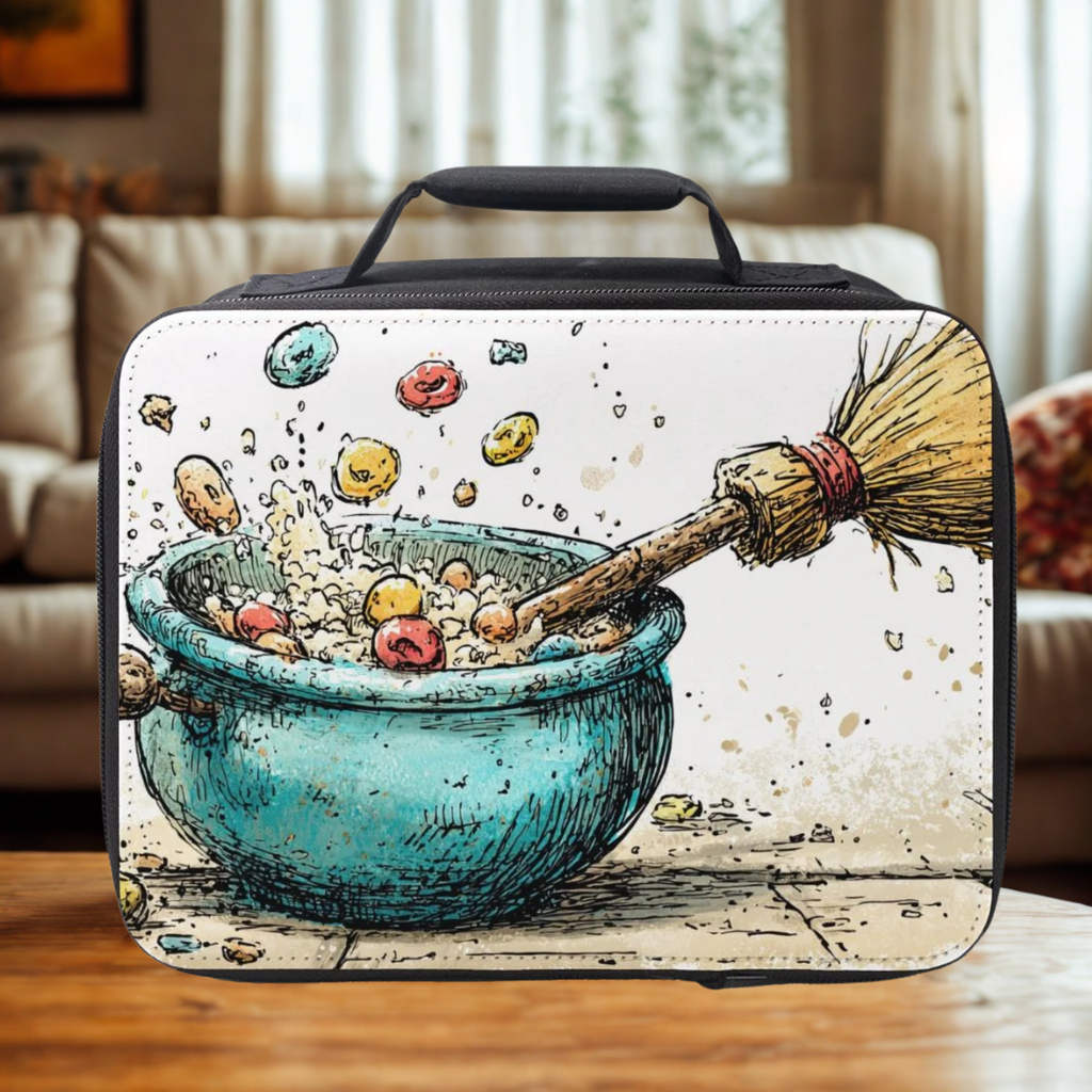  insulated lunch bag with a witch's brew design featuring a broomstick and cereal on a wooden table in a living room.