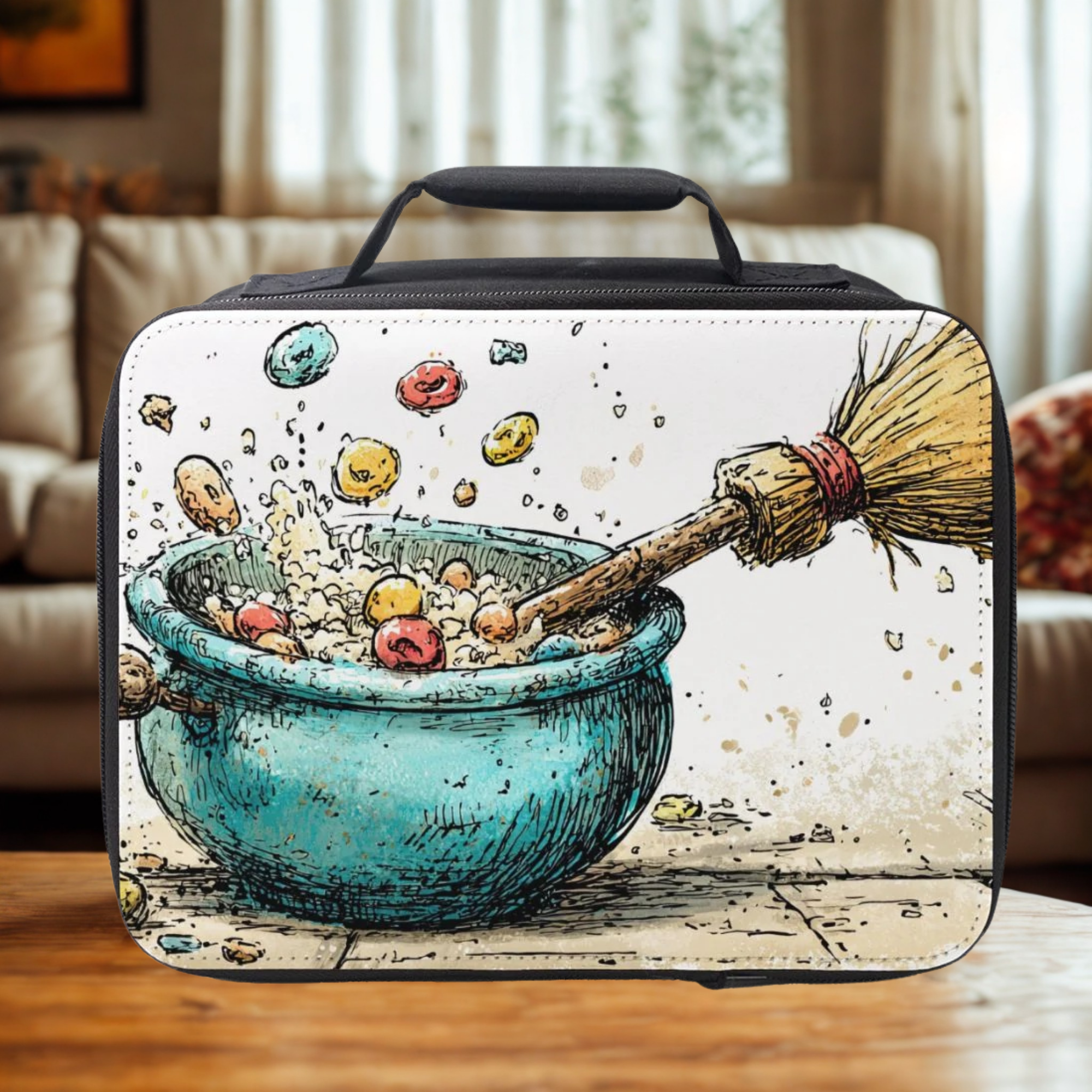  insulated lunch bag with a witch's brew design featuring a broomstick and cereal on a wooden table in a living room.