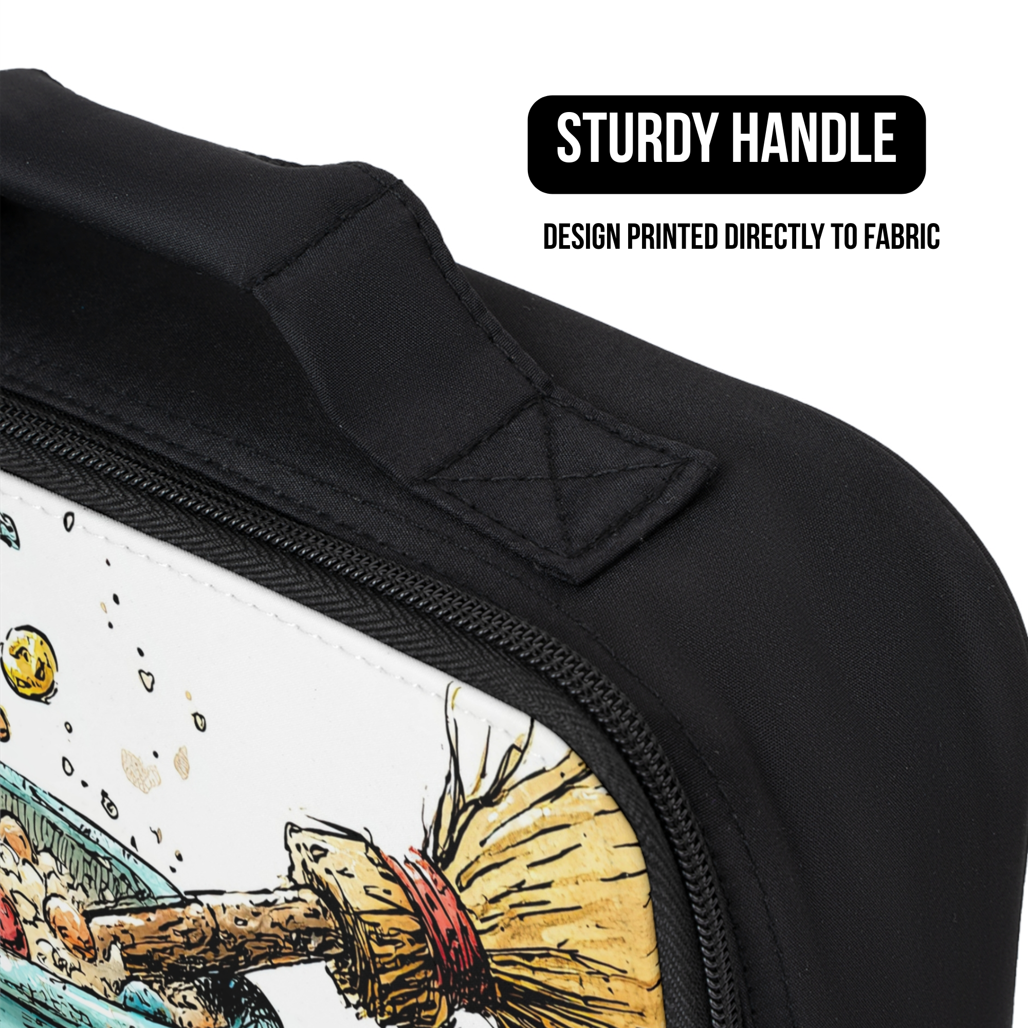 Black lunch bag with a design printed directly to fabric on a white background