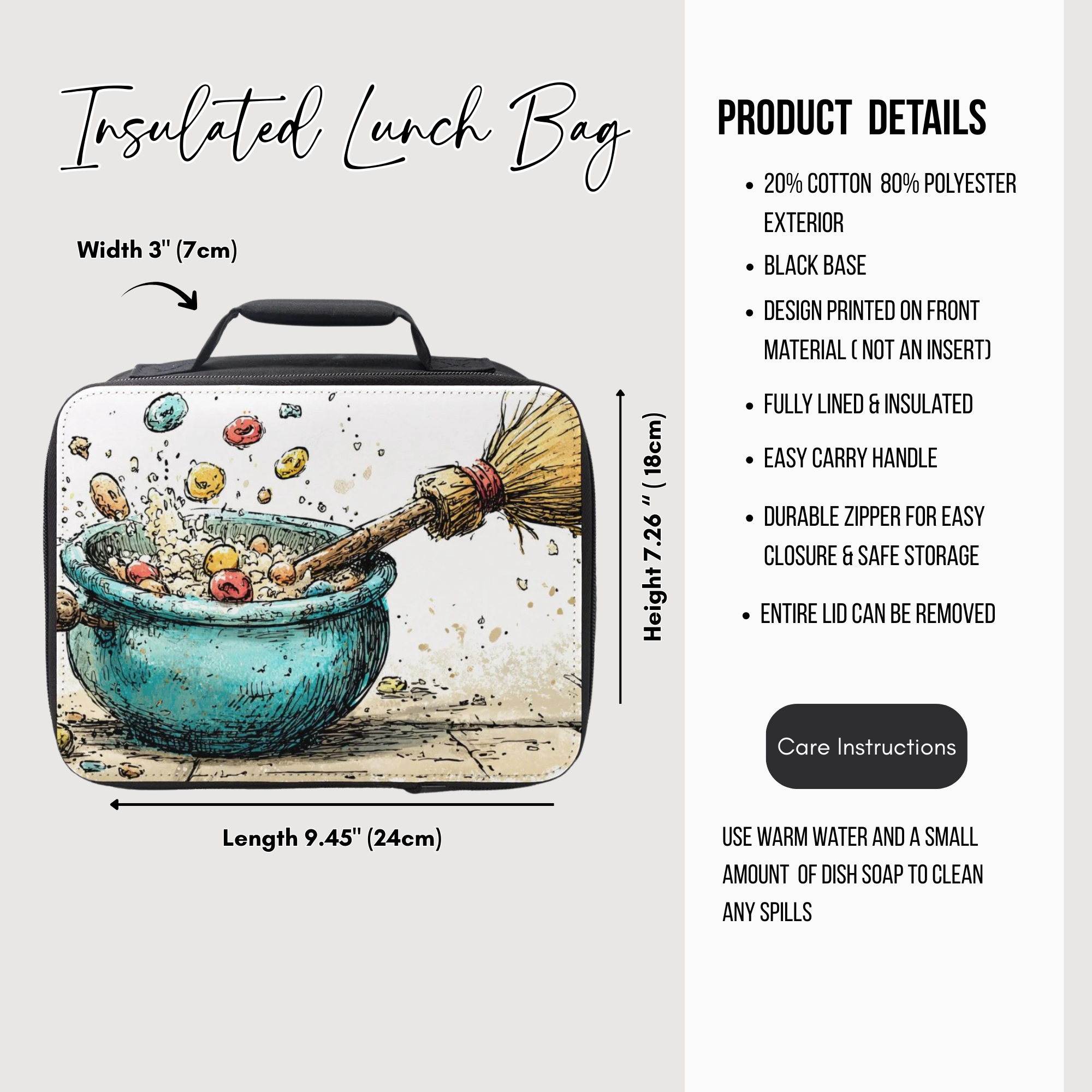 Insulated lunch bag with illustrations and product details on a white background