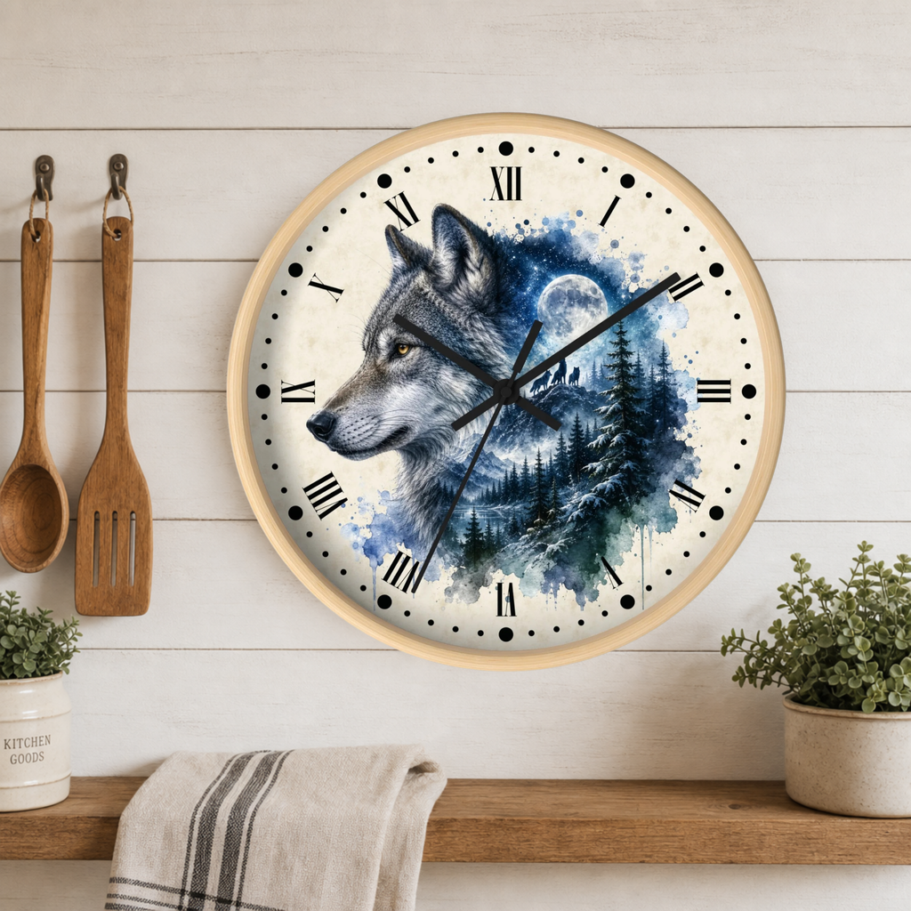 Round wall clock with a wolf illustration and a watercolor forest scene, mounted on a white wood plank wall above a shelf with plants and kitchen utensils.