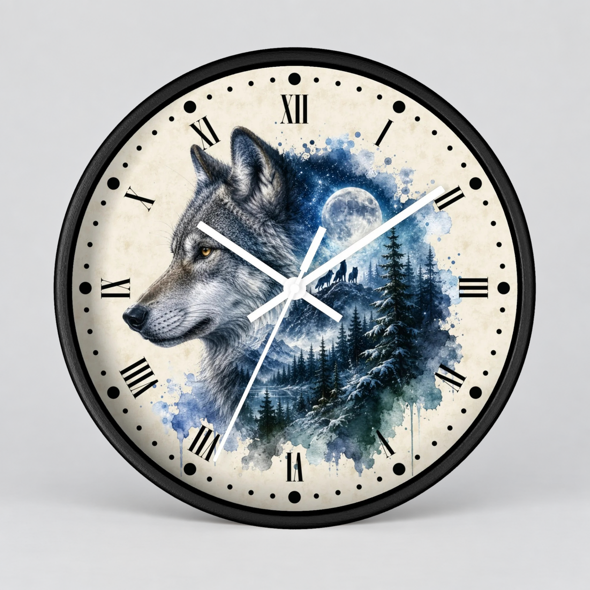 A round wall clock with a black frame and a cream-colored face featuring a watercolor-style wolf, forest, moon, and stars. The clock has black Roman numerals and white hands, photographed against a light gray studio background.