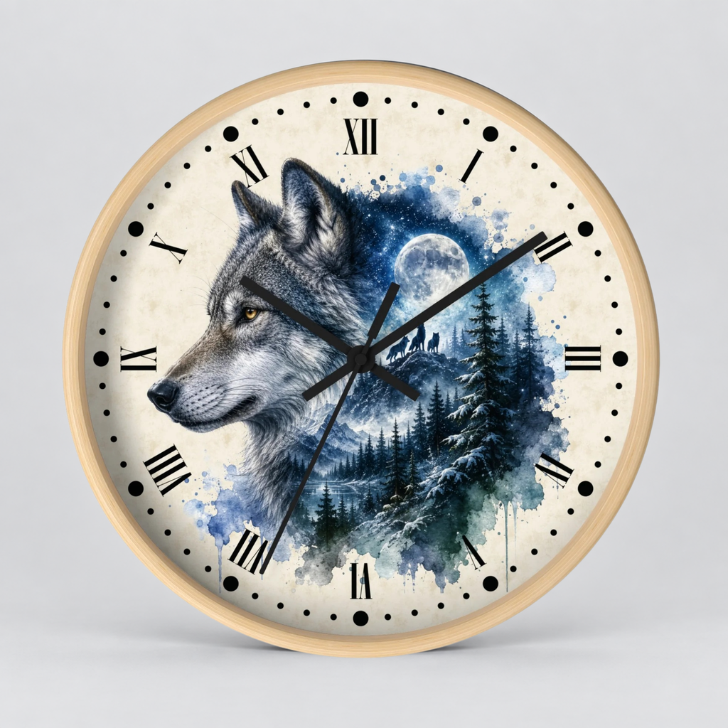Round wall clock with a light wood frame and a printed wolf illustration over a blue watercolor forest and moon background. The clock face is off-white with black Roman numerals and black hands, shown against a light gray studio background.