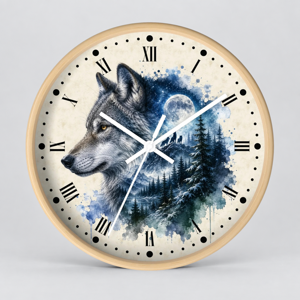 Round wall clock with a light wood frame and a wolf illustration over a blue watercolor forest and moon on the face, with black Roman numerals and white hands on a light gray background.