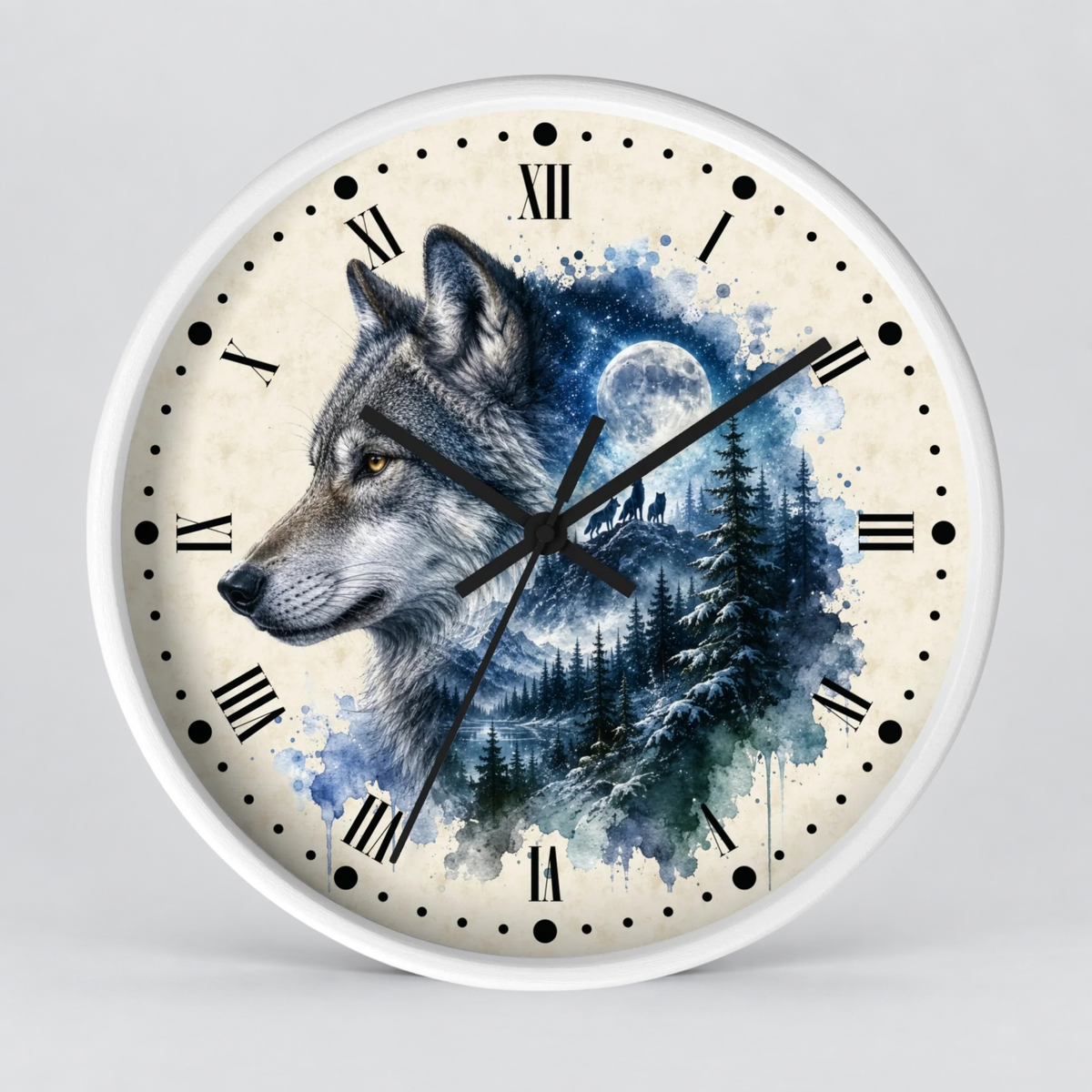 Round wall clock with a white frame and a printed wolf illustration over a blue watercolor forest and moon background, with black Roman numerals and hands on a light gray studio background.