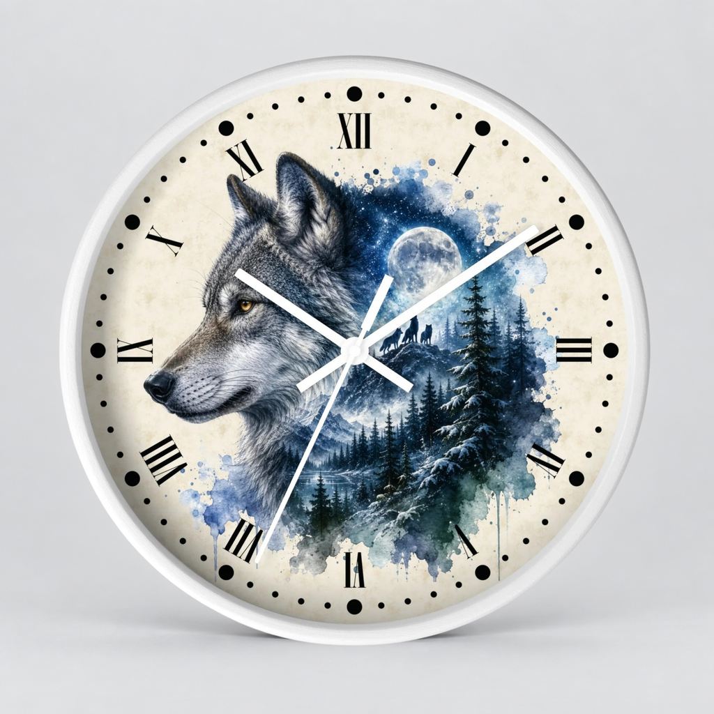 A round wall clock with a white frame and a printed wolf illustration over a blue watercolor forest and moon background. The clock face is cream with black Roman numerals and black dot hour markers, shown against a light gray studio background.