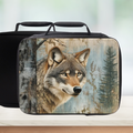  insulated lunch bag with wolf design on a wooden surface