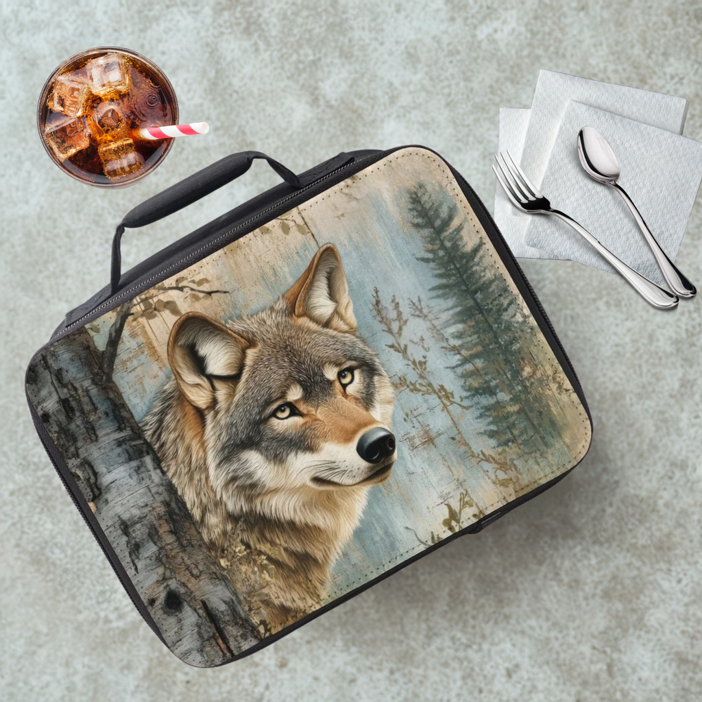 Lunch bag with a wolf design on a cafeteria table with a drink and utensils.