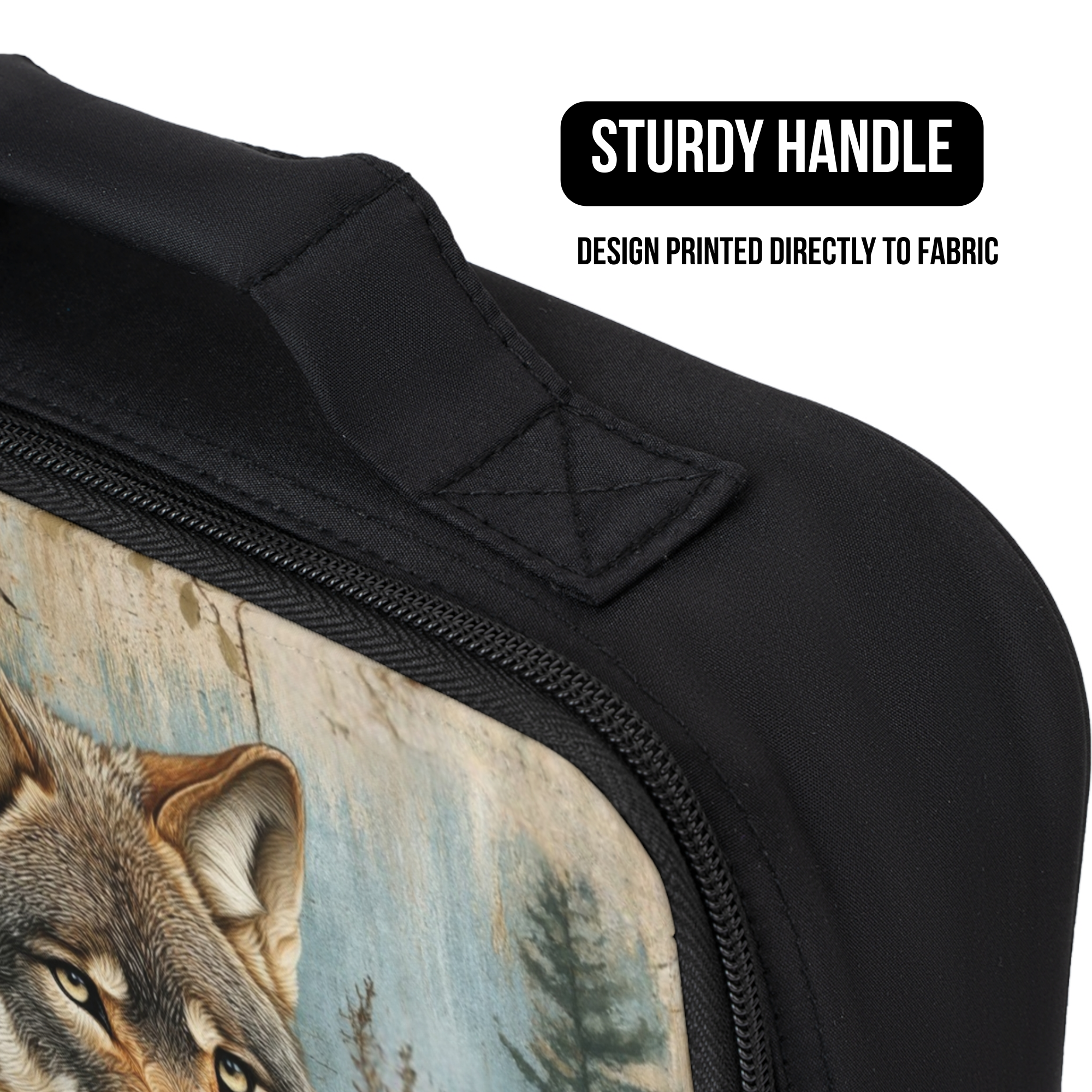 Black lunch bag with wolf design and text about a sturdy handle and printed fabric.