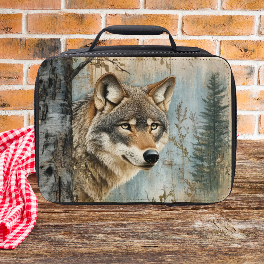 Lunch bag with a wolf design on a wooden picnic table and brick wall background