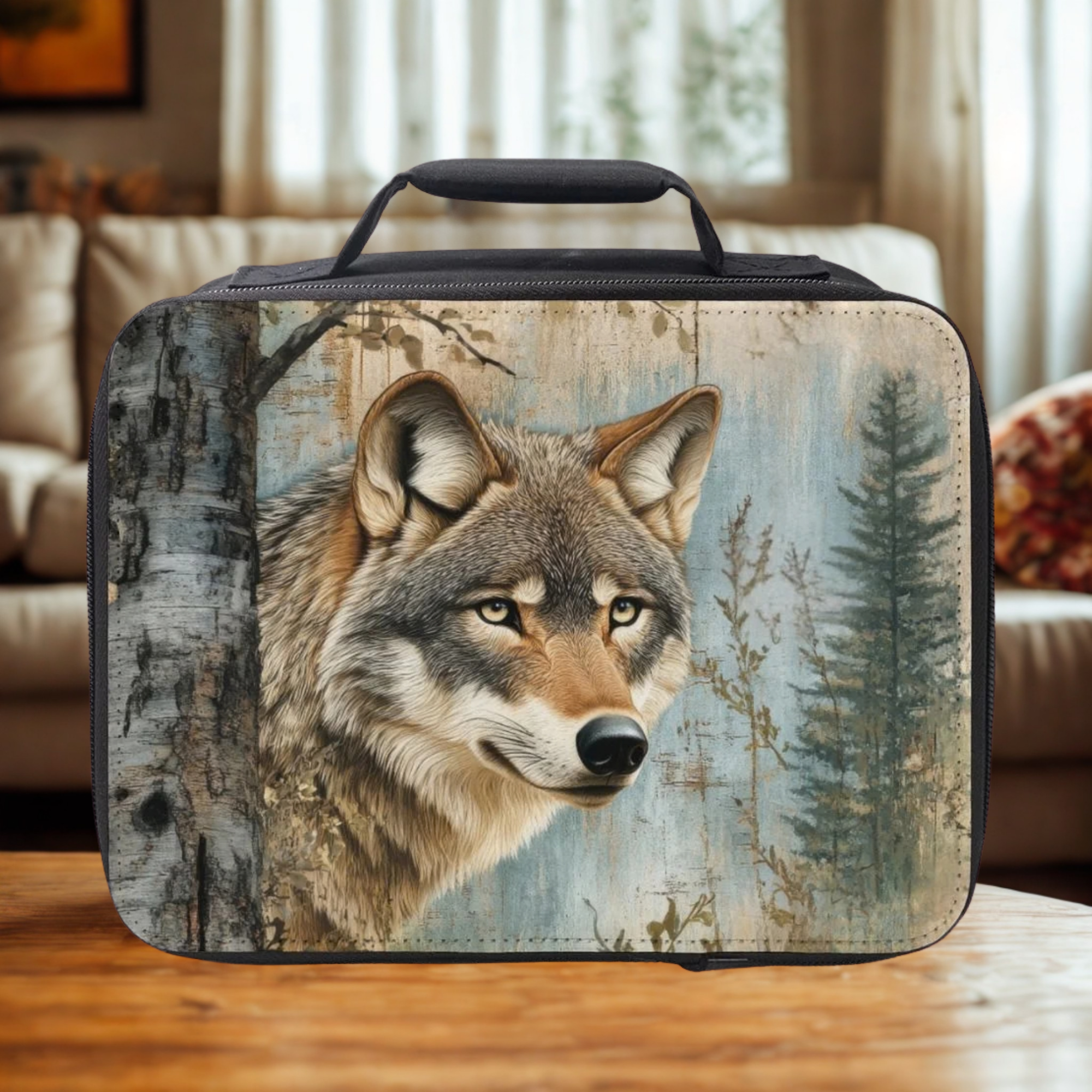Lunch bag with a wolf design on a wooden coffee table in a cozy living room