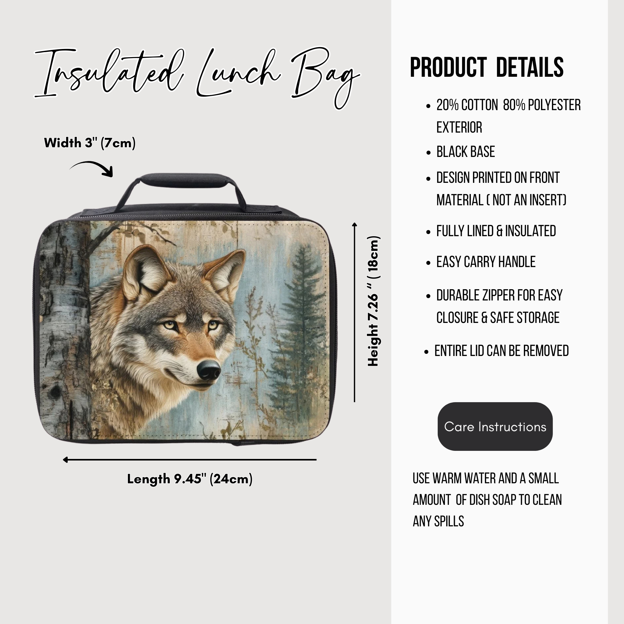 Insulated lunch bag with wolf design and product details on a white background