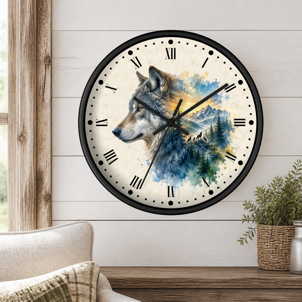 A round wall clock with a black frame and a wolf illustration over a blue mountain landscape on the face, mounted on a white shiplap wall above a wooden mantel with a plant and part of a sofa visible.