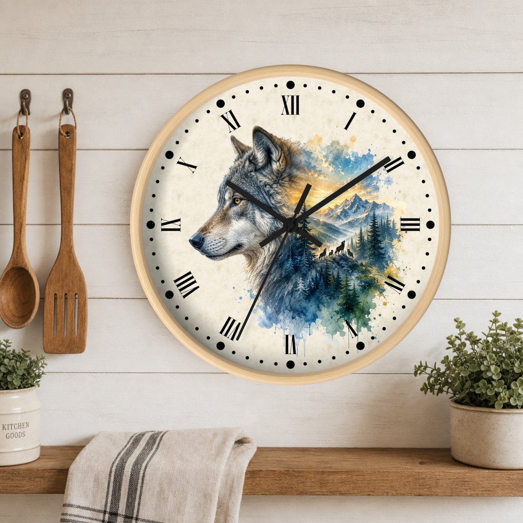 A round wall clock with a wolf and mountain landscape print, mounted on a white wood plank wall above a shelf with plants and kitchen utensils.