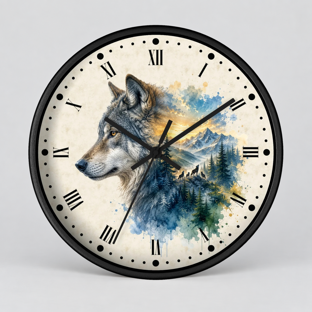 A round wall clock with a black frame and a printed wolf artwork on the face. The dial has black Roman numerals, black clock hands, and a scenic watercolor-style forest and mountain motif in blue, green, beige, and gray tones.