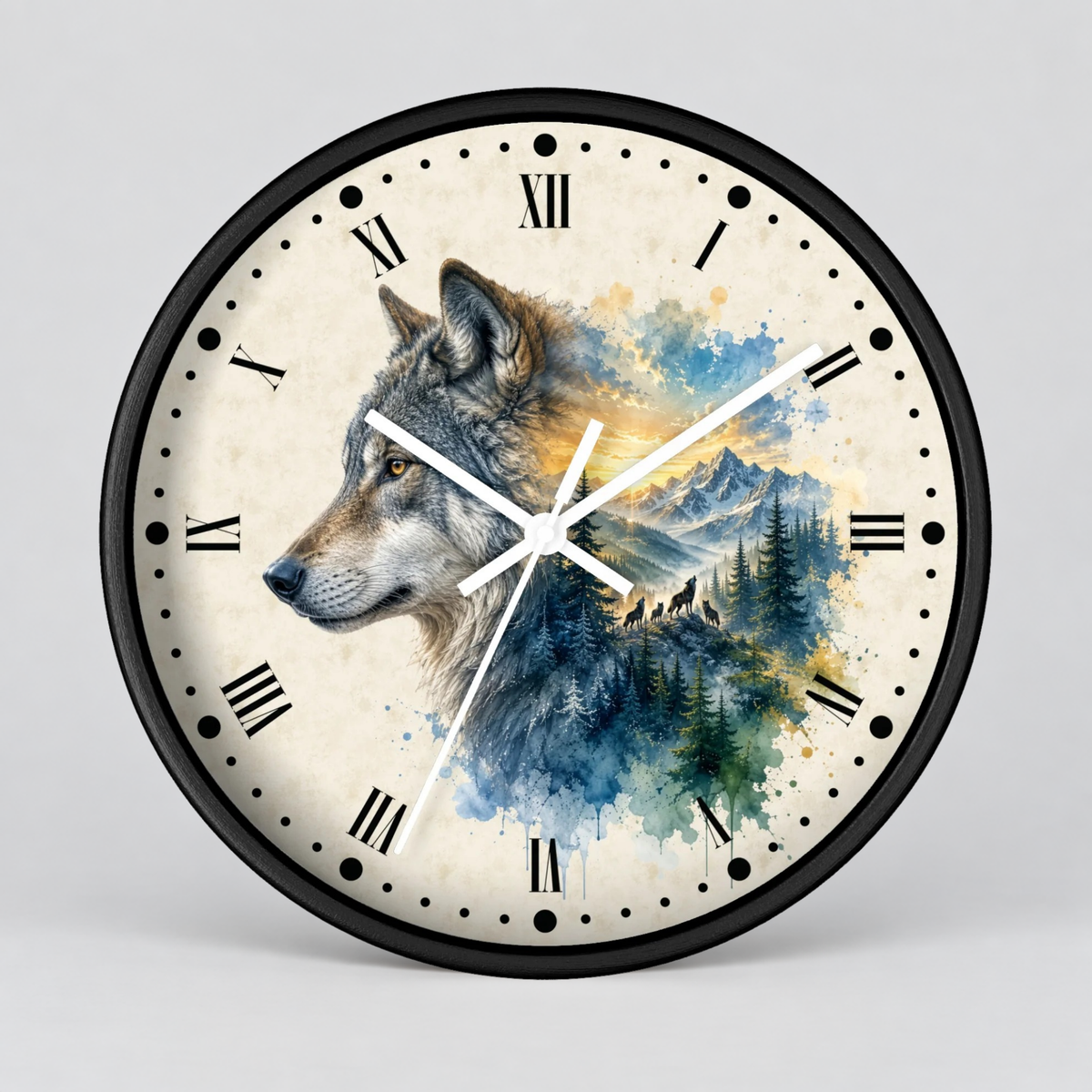 A round wall clock with a black frame and a cream-colored face featuring a painted wolf and mountain landscape in blue, green, and brown tones, with black Roman numerals and white hands, shown on a light gray background.