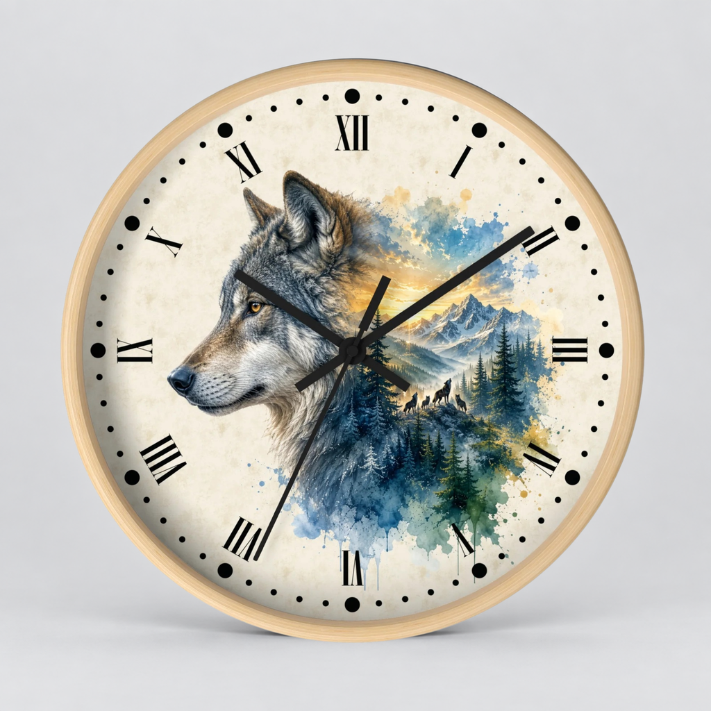 Wolf Mountain Layered Portrait Wall Clock — Rustic Nature Landscape Decor