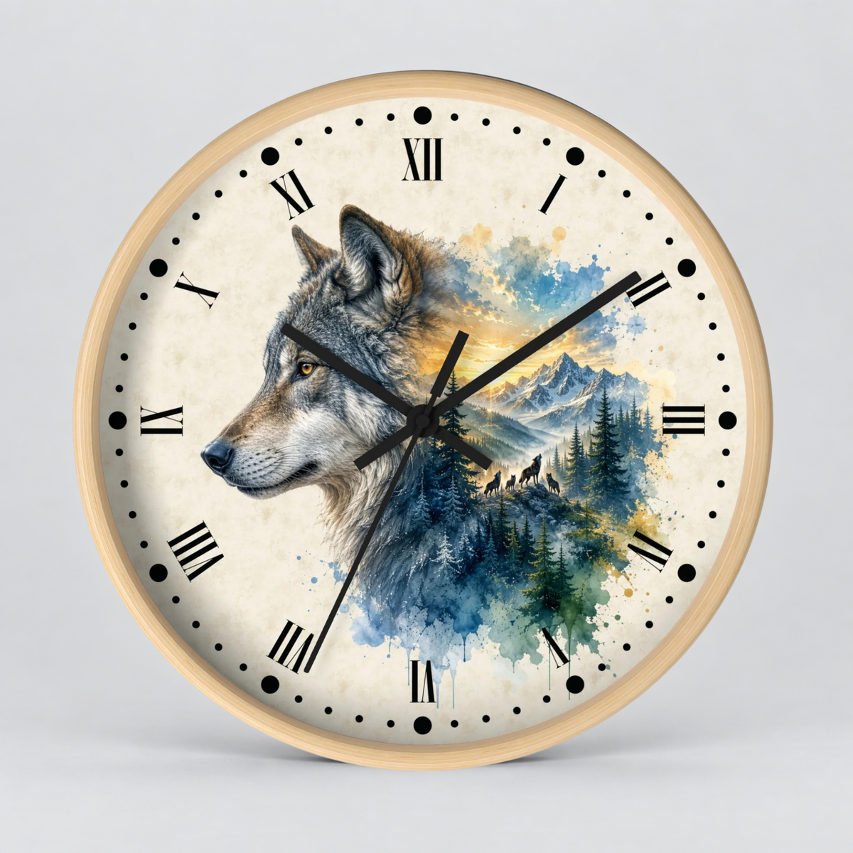 Wolf Mountain Layered Portrait Wall Clock — Rustic Nature Landscape Decor