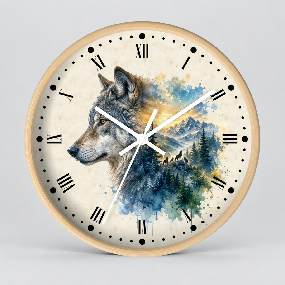 Wolf Mountain Layered Portrait Wall Clock — Rustic Nature Landscape Decor