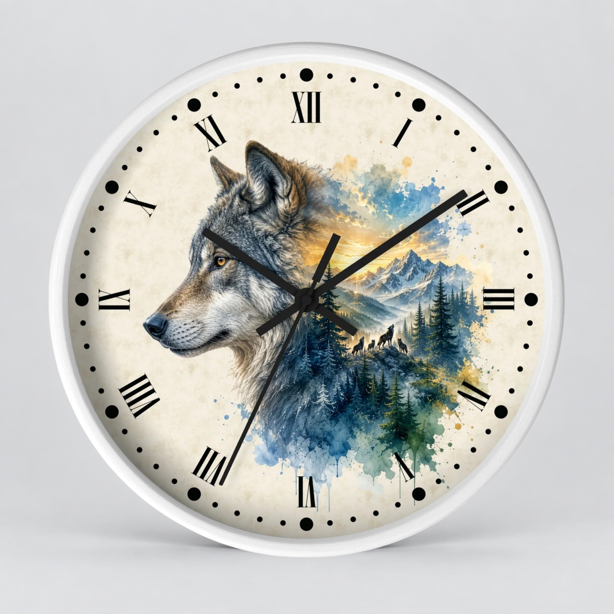 A round wall clock with a white frame and a printed wolf artwork over a mountain-and-forest watercolor design on the face. The clock has black Roman numerals, black hour and minute hands, and black dot hour markers on a light gray background.