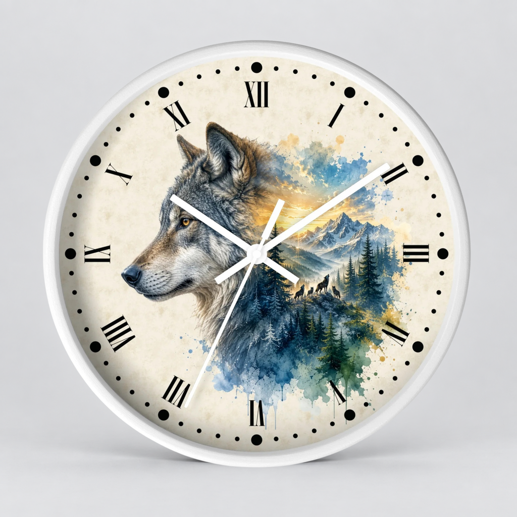 A round wall clock with a white frame and a printed wolf face over a watercolor mountain-and-forest scene on the clock face. The dial has black Roman numerals and black dot hour markers, with white clock hands.