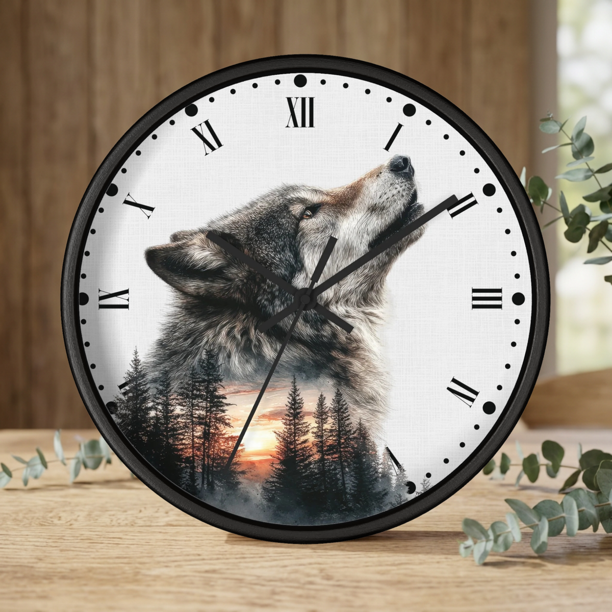 Wolf Sunset Wall Clock — Woodland Animal Art Decor