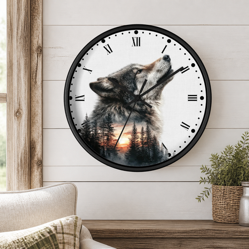 A round wall clock with a black frame and a printed wolf design over a forest sunset scene, mounted on a white wood-paneled wall above a wooden shelf with a plant and part of a chair visible.