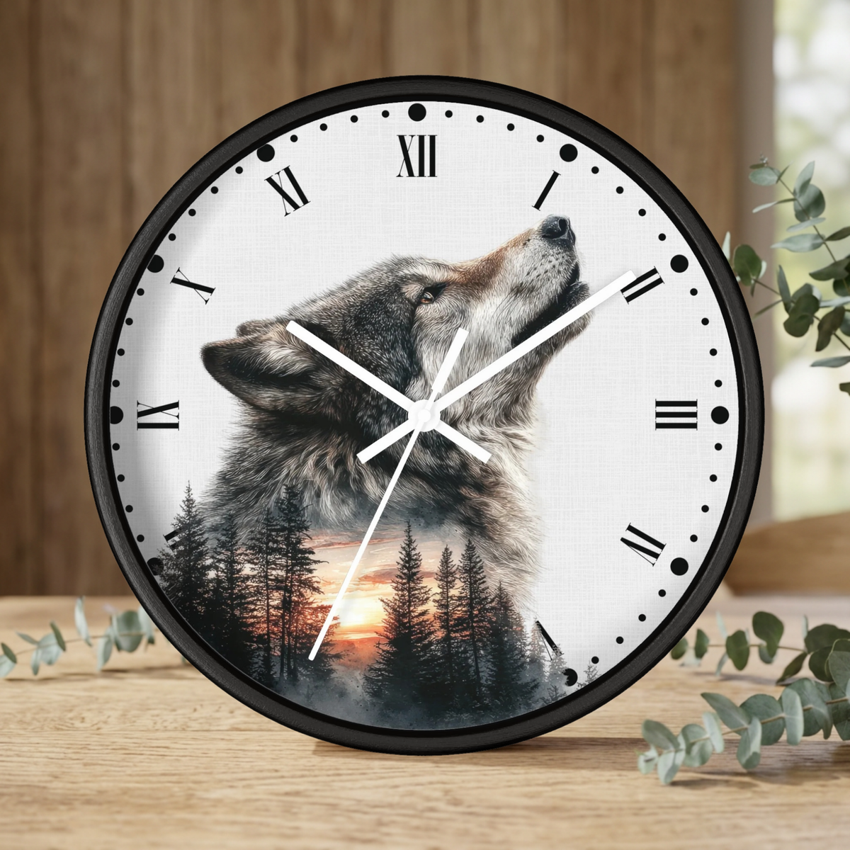 Wolf Sunset Wall Clock — Woodland Animal Art Decor