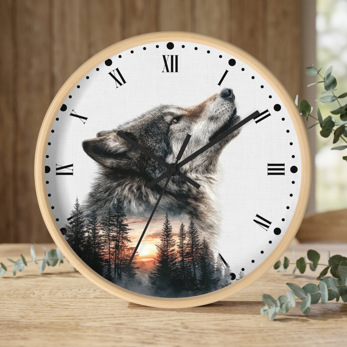 Wolf Sunset Wall Clock — Woodland Animal Art Decor