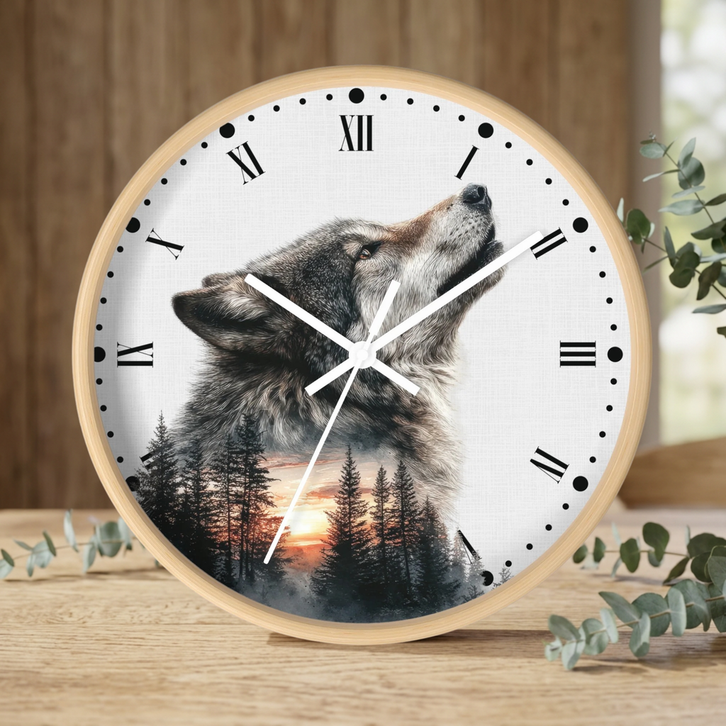 Wolf Sunset Wall Clock — Woodland Animal Art Decor
