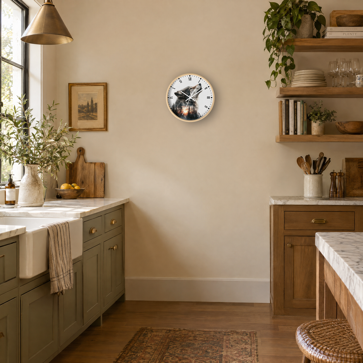 Wolf Sunset Wall Clock — Woodland Animal Art Decor