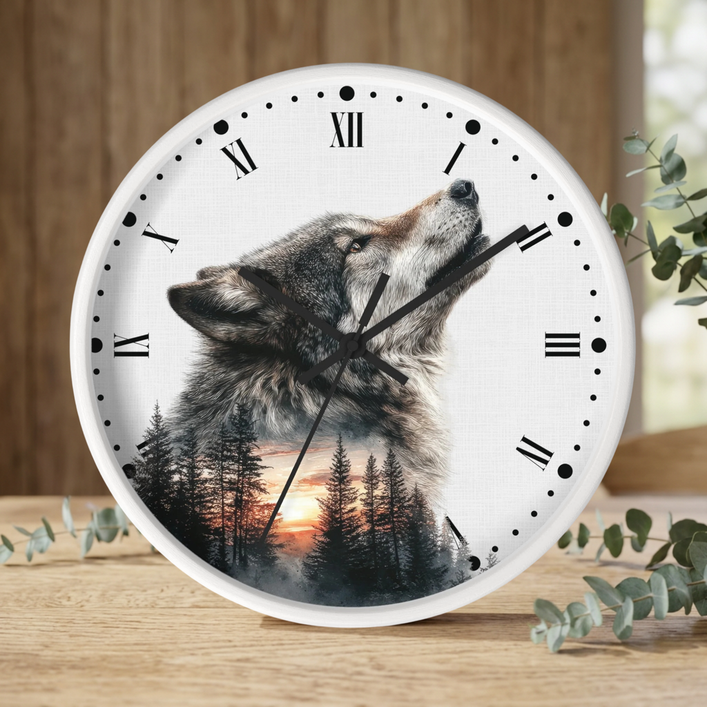 Wolf Sunset Wall Clock — Woodland Animal Art Decor