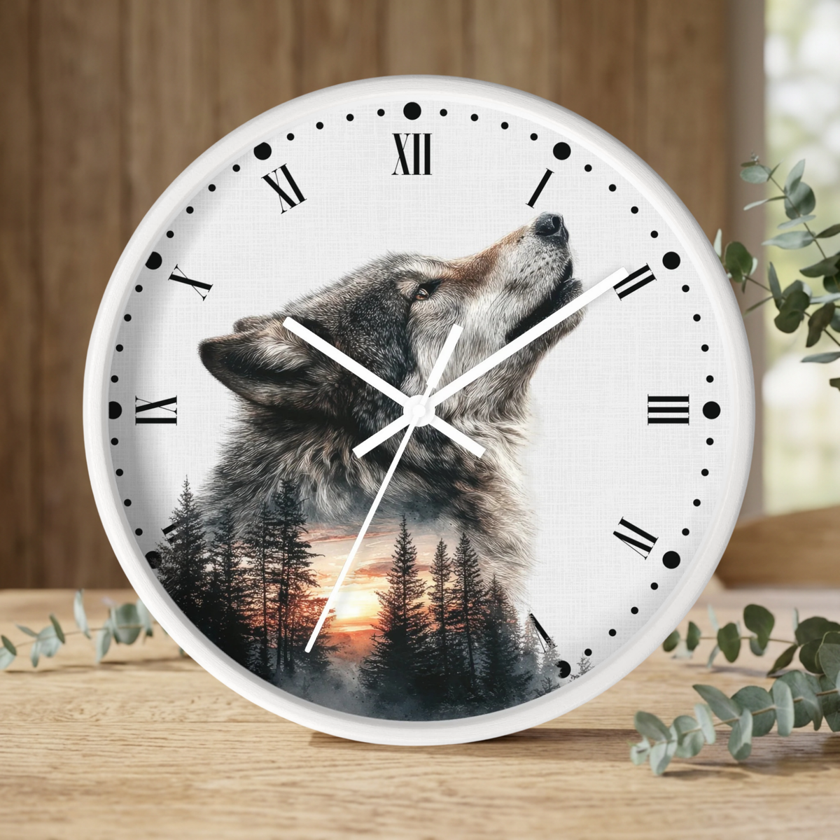 Wolf Sunset Wall Clock — Woodland Animal Art Decor