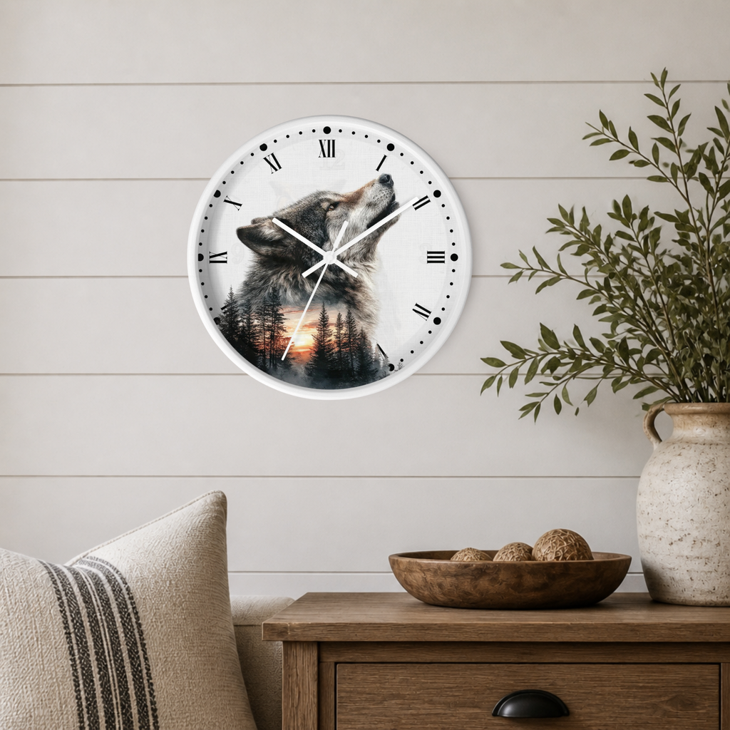 Wolf Sunset Wall Clock — Woodland Animal Art Decor