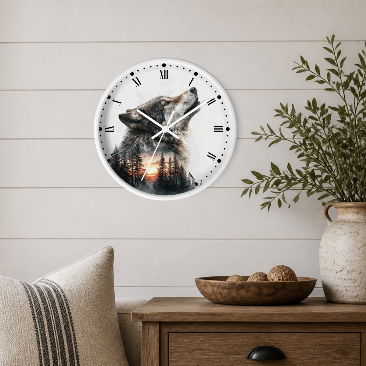 Wolf Sunset Wall Clock — Woodland Animal Art Decor