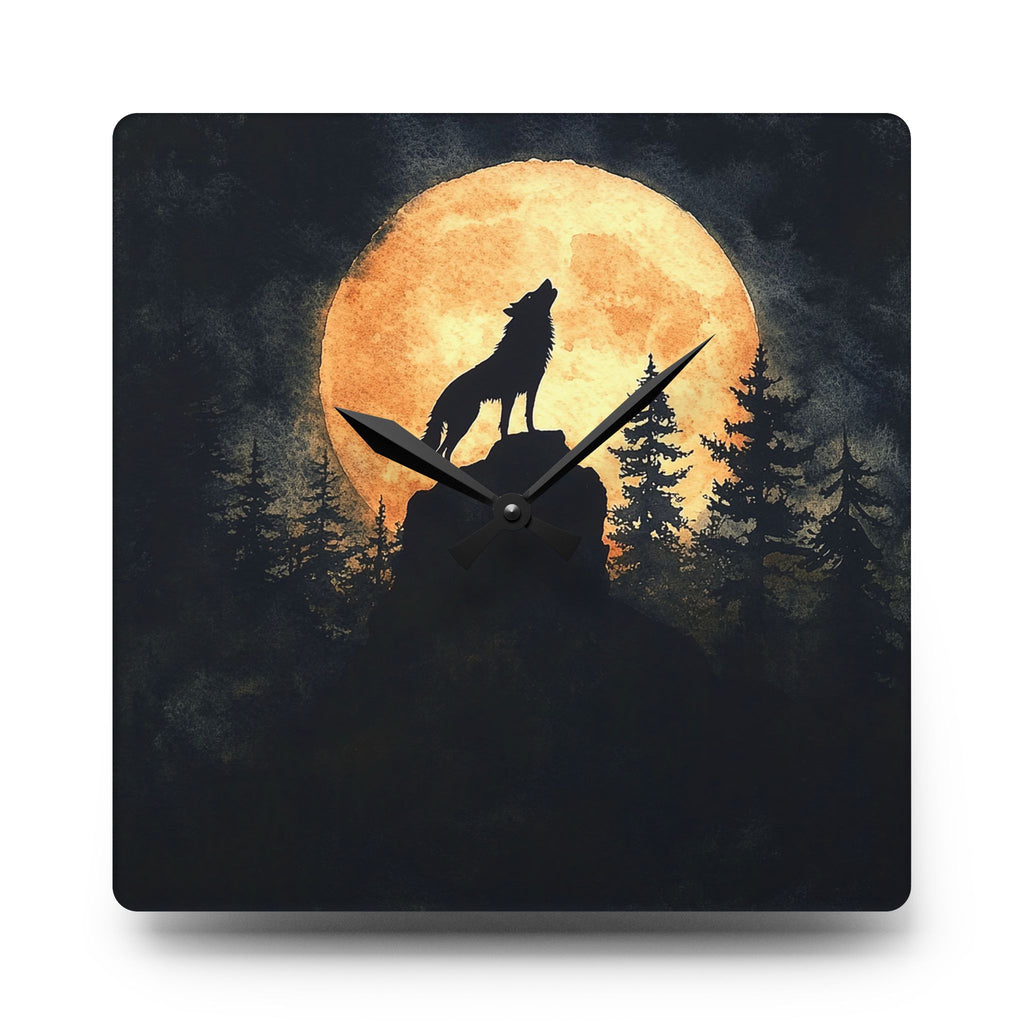 Wall clock with a wolf howling at a full moon design on a dark background