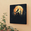 Wall clock with a wolf howling at a full moon design on a beige wall.